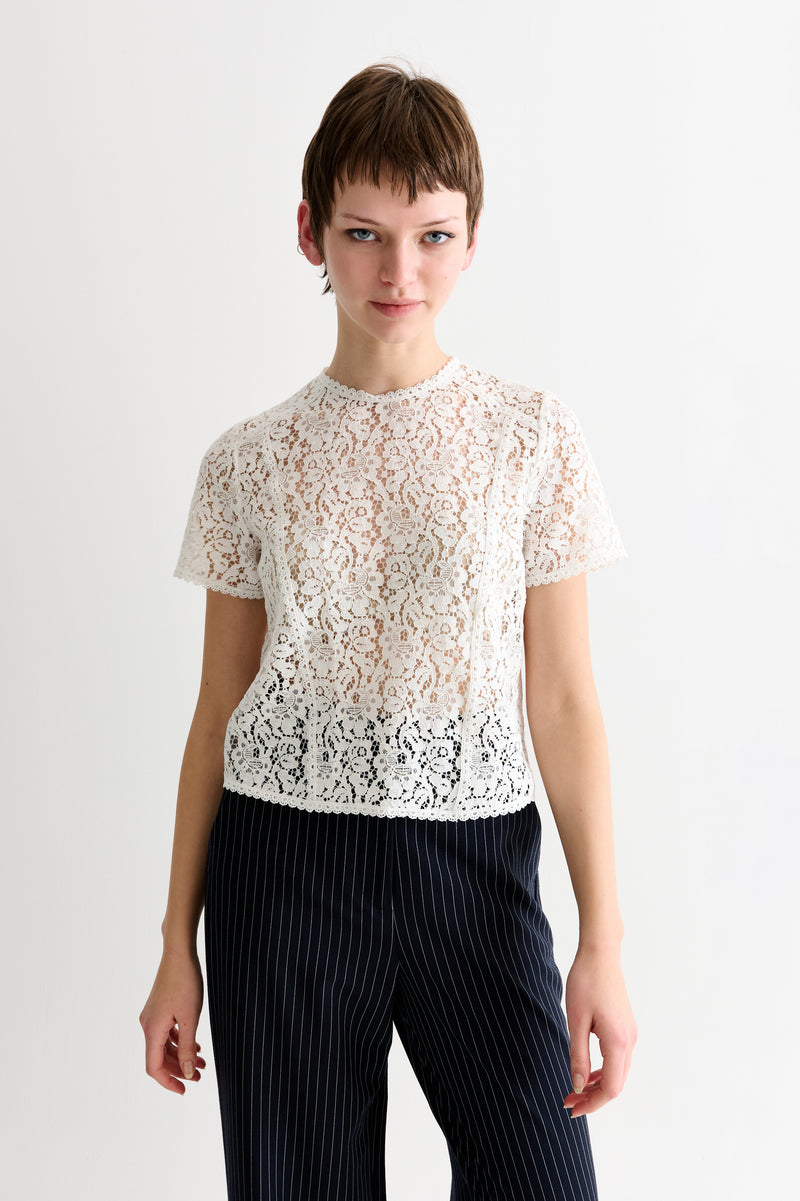 Rufaro Lace Trim Short Sleeve Blouse - Off White - Front