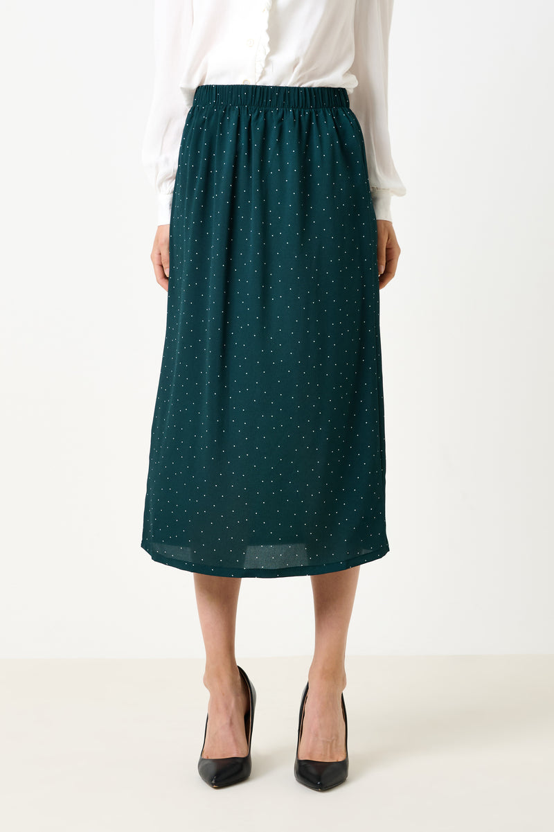 Saro Micro Dot Dark Green Bias Midi Skirt - Front