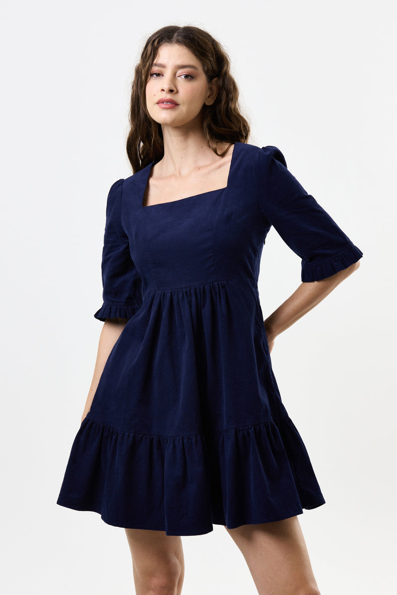 Sassa Lightweight Baby Cord Tiered Mini Dress - Navy - Front