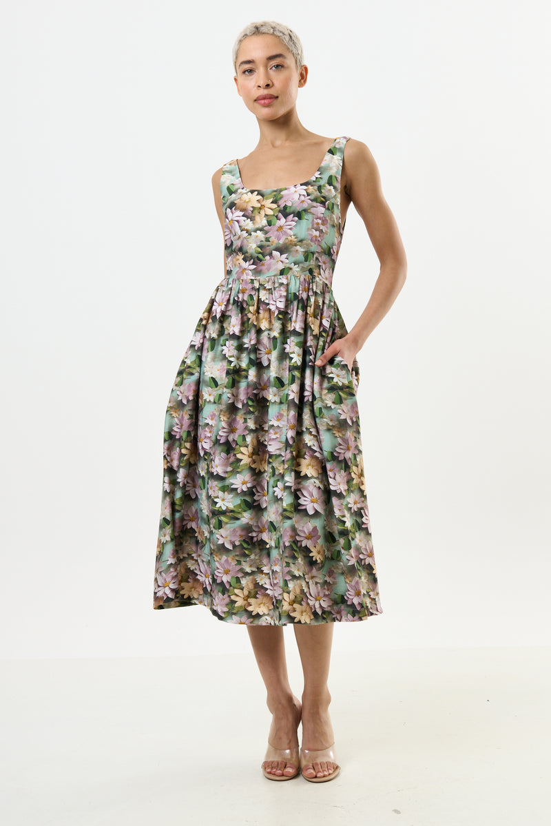 Sherazade 3D Daisy Print Square Neck Midi Dress - Green - Front