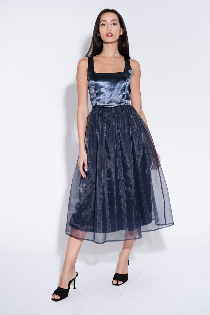 Shehrazade Satin and Organza Midi Dress in Navy - Front