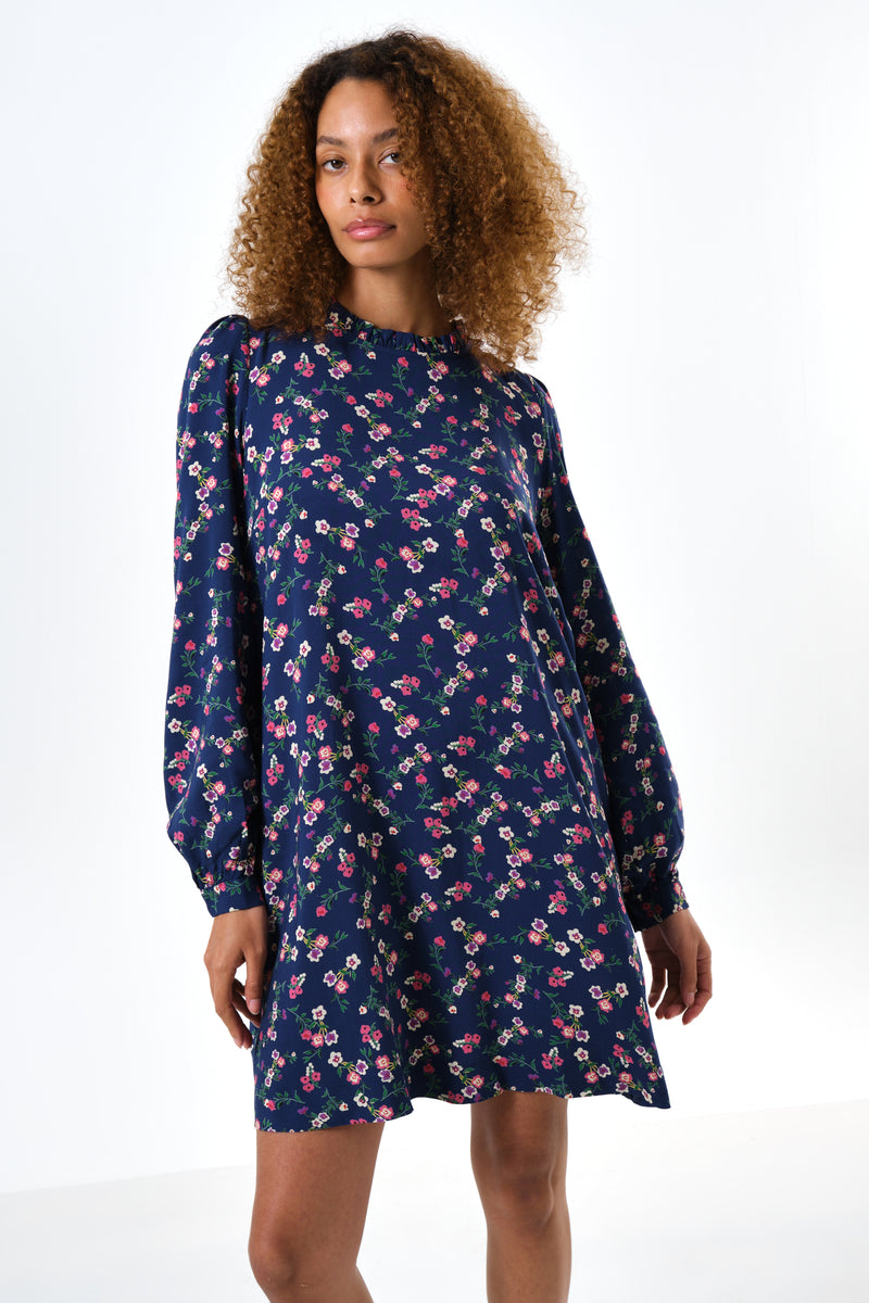 Sola Naïve Posy Print Long Sleeve Mini Dress - Navy - Front