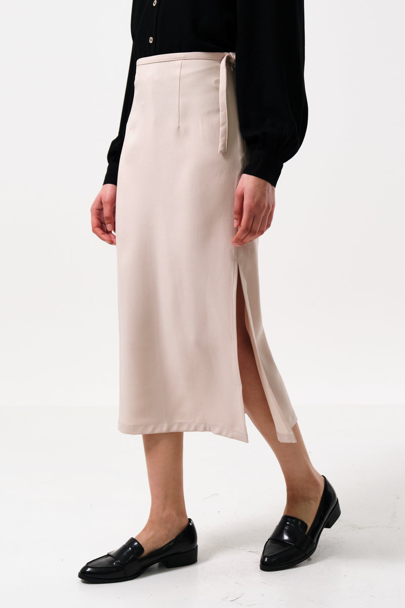 Timo Satin Back Crepe Sustainable Midi Skirt - Camel - Front
