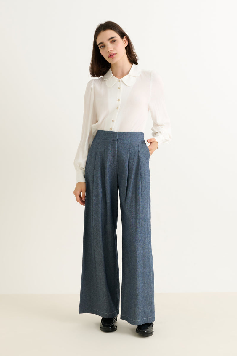 Tyler Chambray Wide Leg Trouser - Dark Grey - Front