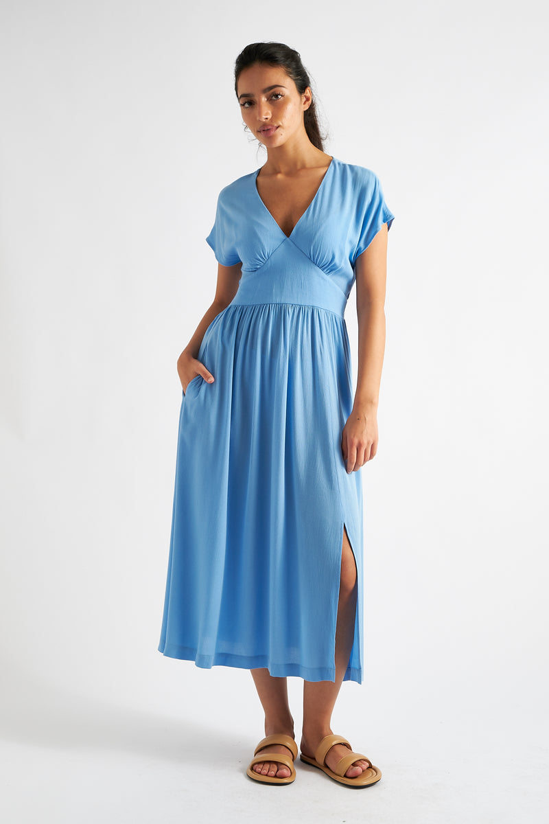 Unity Moss Crepe V-Neck Midi Dress - Blue - Front
