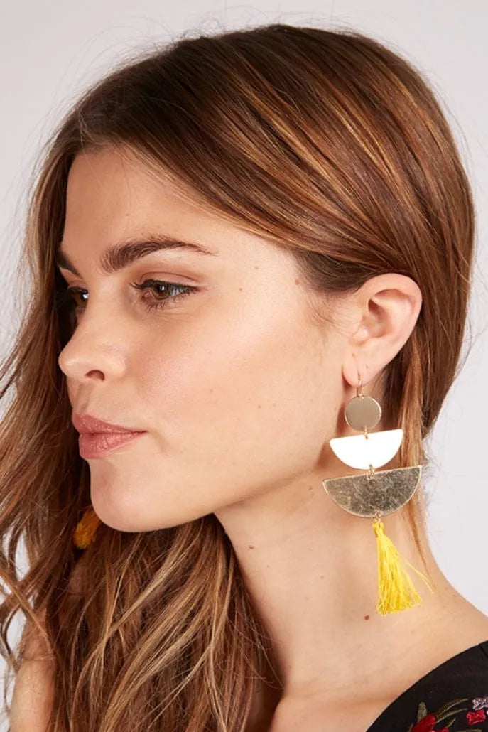 Varine Triple Drop Geo Tassel Earrings - Yellow - Front