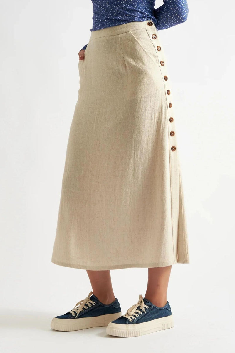 Lloyd Linen Mix Button Side Midi Skirt - Natural - Front