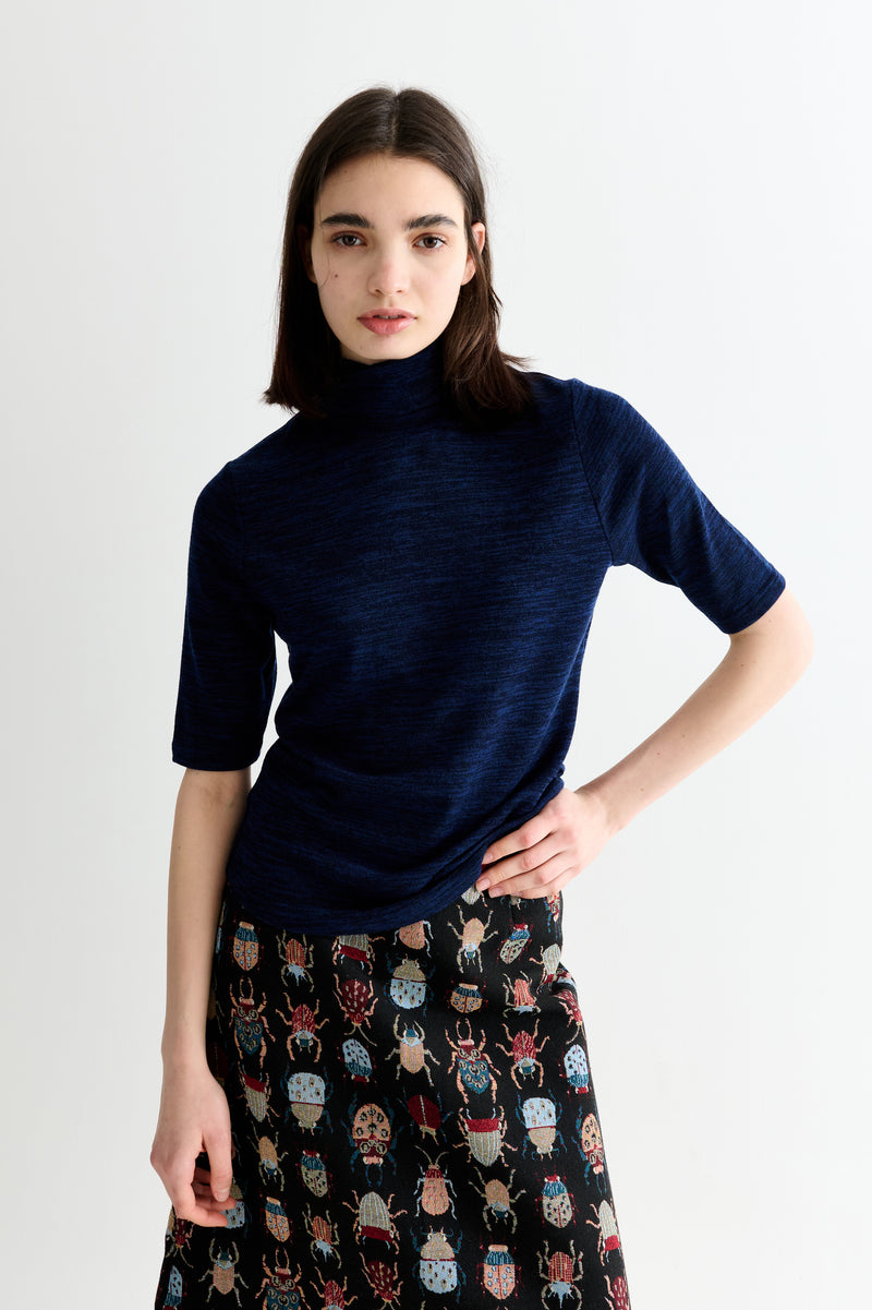 Vista Sustainable Marl Short Sleeve Polo Neck Top - Navy - Front