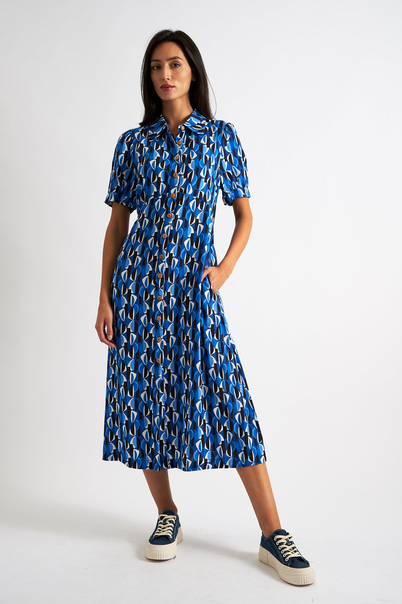 Wanda Mid Century Retro Print Midi Dress - Blue - Front
