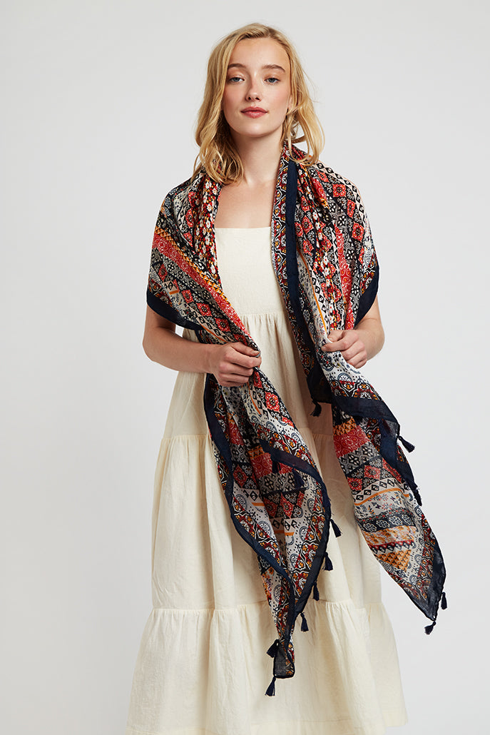 Weston Boho Floral Scarf in Red and Navy - Front