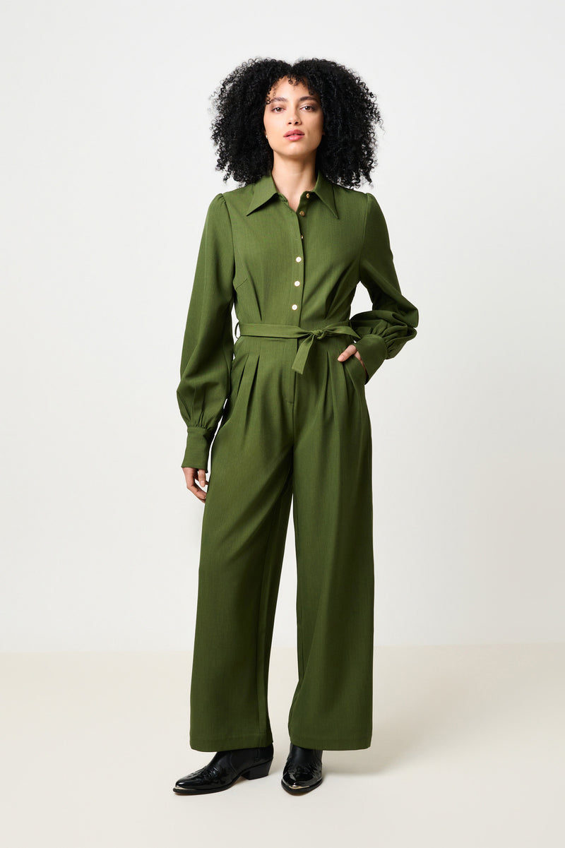 Yves Long Sleeve Jumpsuit - Moss Green - Front