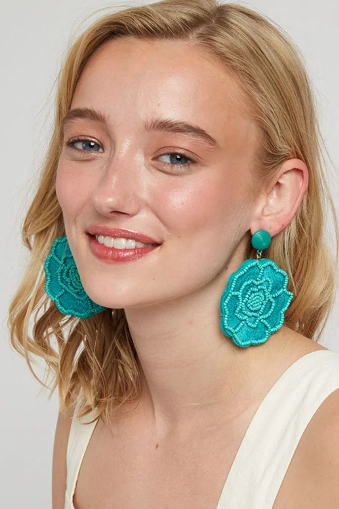 Aquila Flower Beaded Earrings in Turquoise - Front