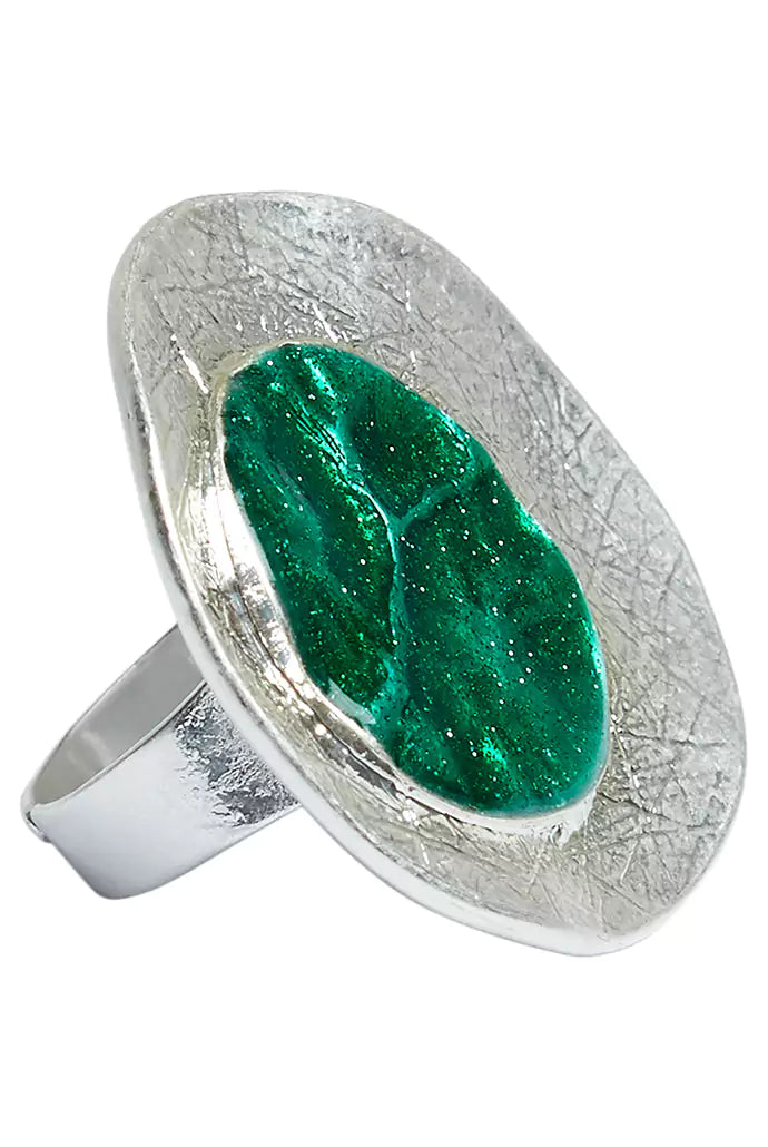 Cleo Green Enamelled Spot Silver Ring - Front
