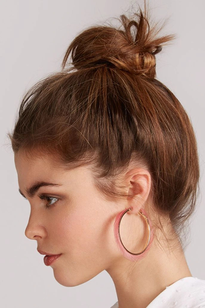 Gigi Pink Feather Hoop Earrings - Front