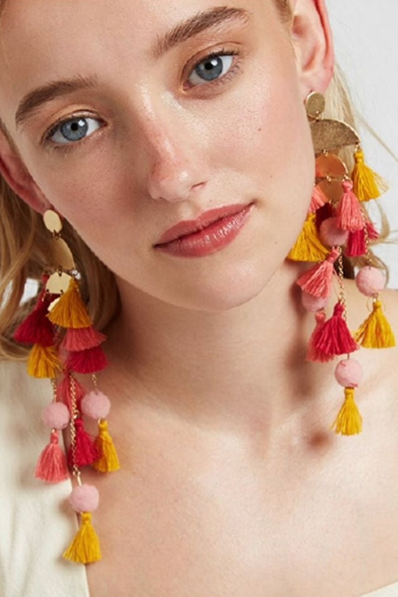 Sapphira Long Tassel Pendant Stud Earring - Front