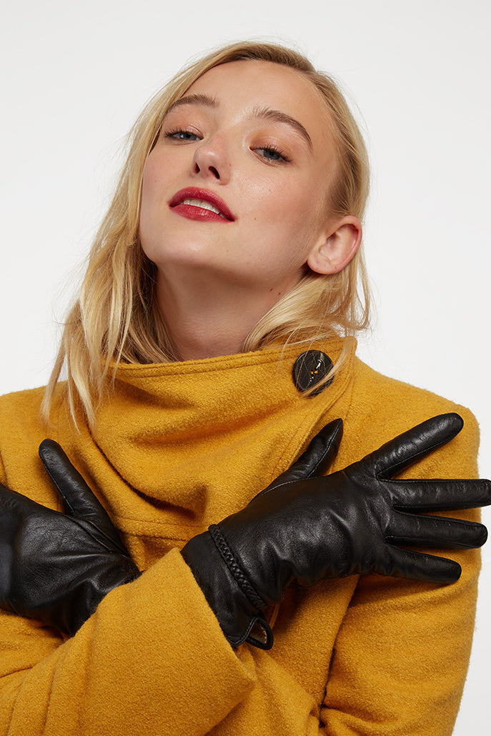 Tema Black Leather Touchphone Gloves. - Front