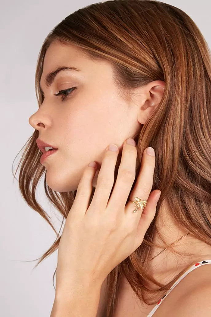 Violet Palm Tree Gold Ring - Front