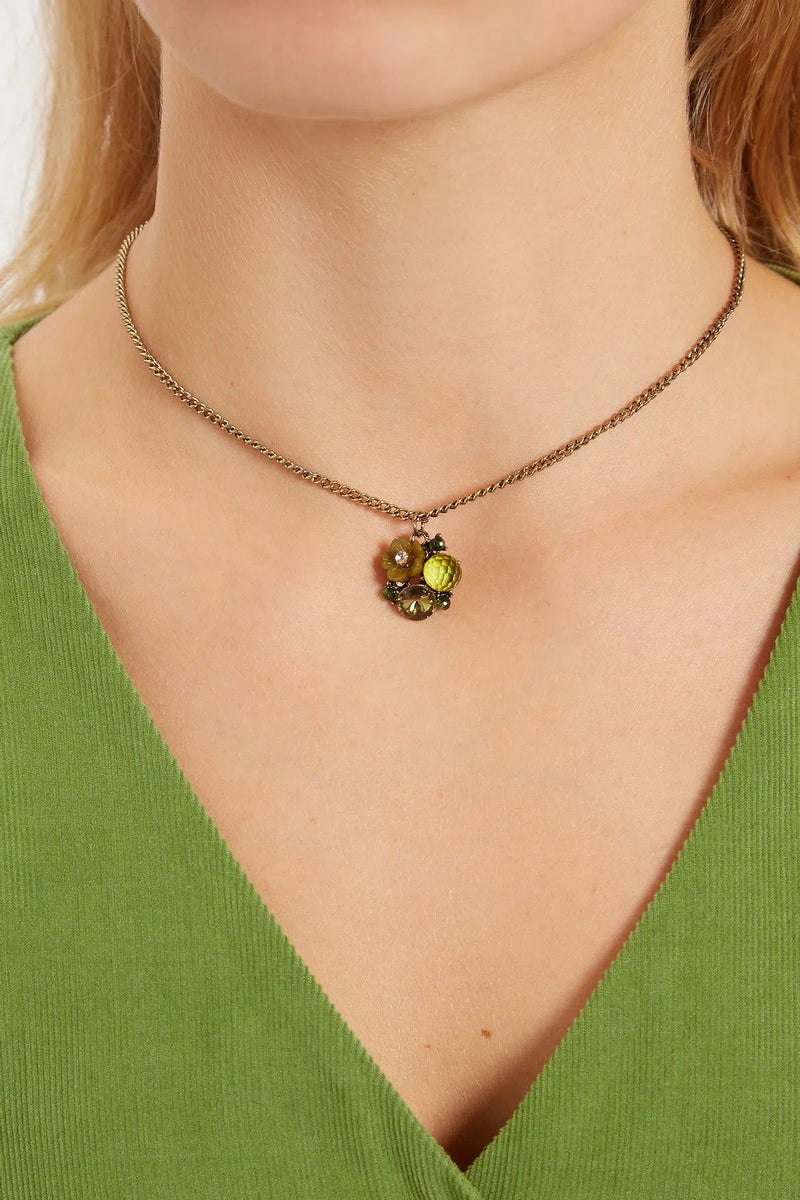 Louche Zara Green Flower Necklace Gold - Front