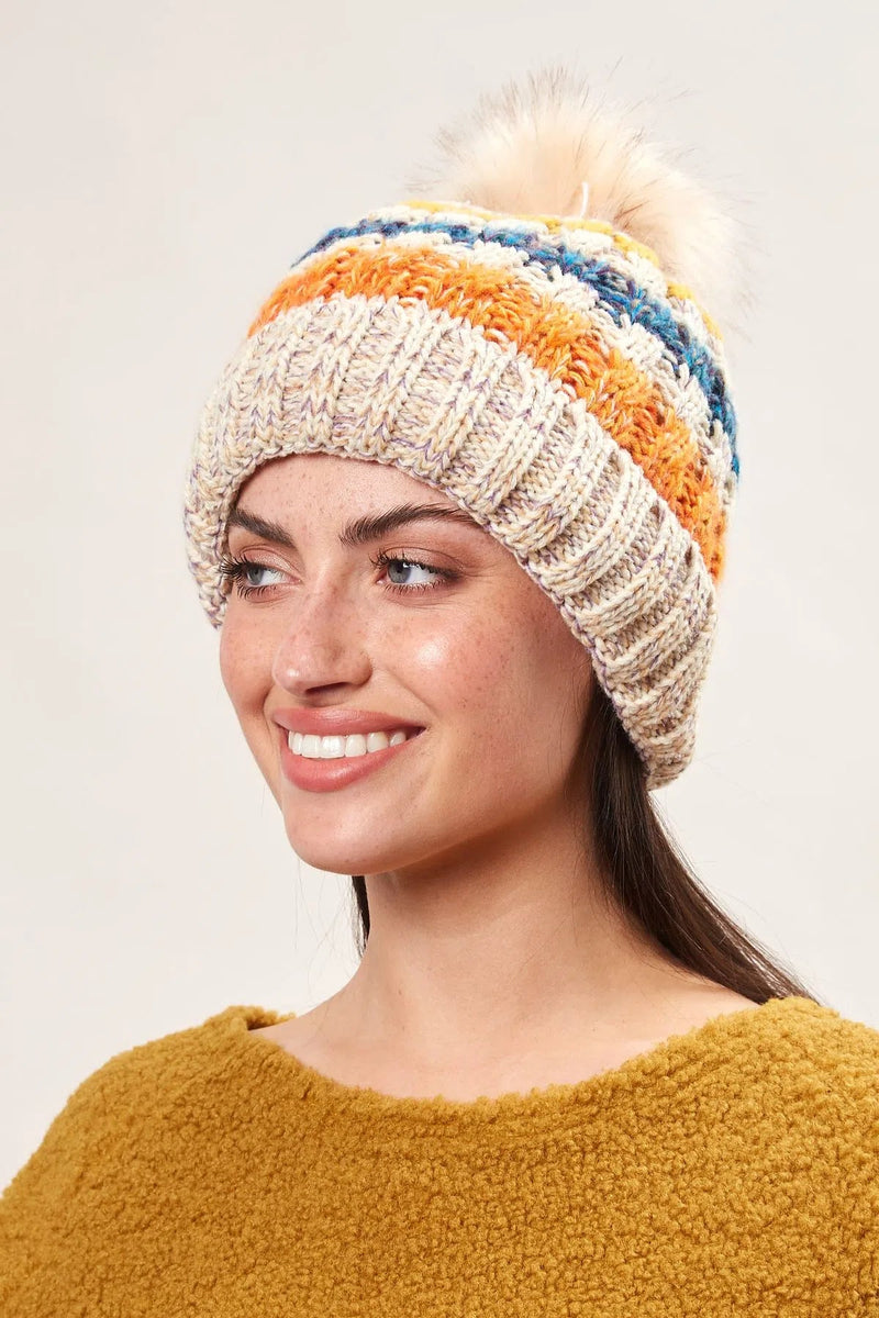 Louche Orla Striped Knitted Beanie With Faux Fur Bobble - White - Front