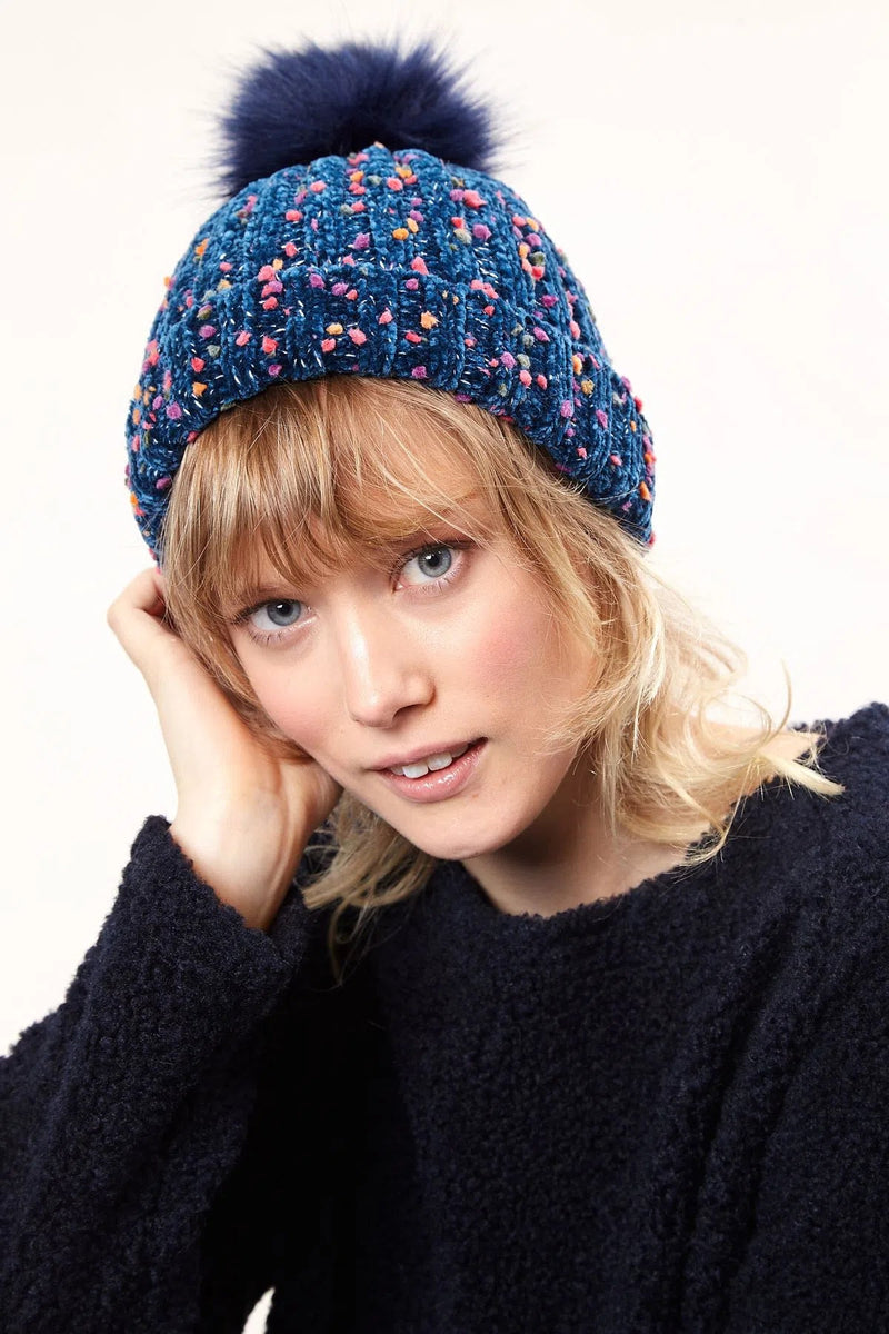 Louche Shannon Knitted Nep Beanie With Faux Fur Bobble - Navy - Front