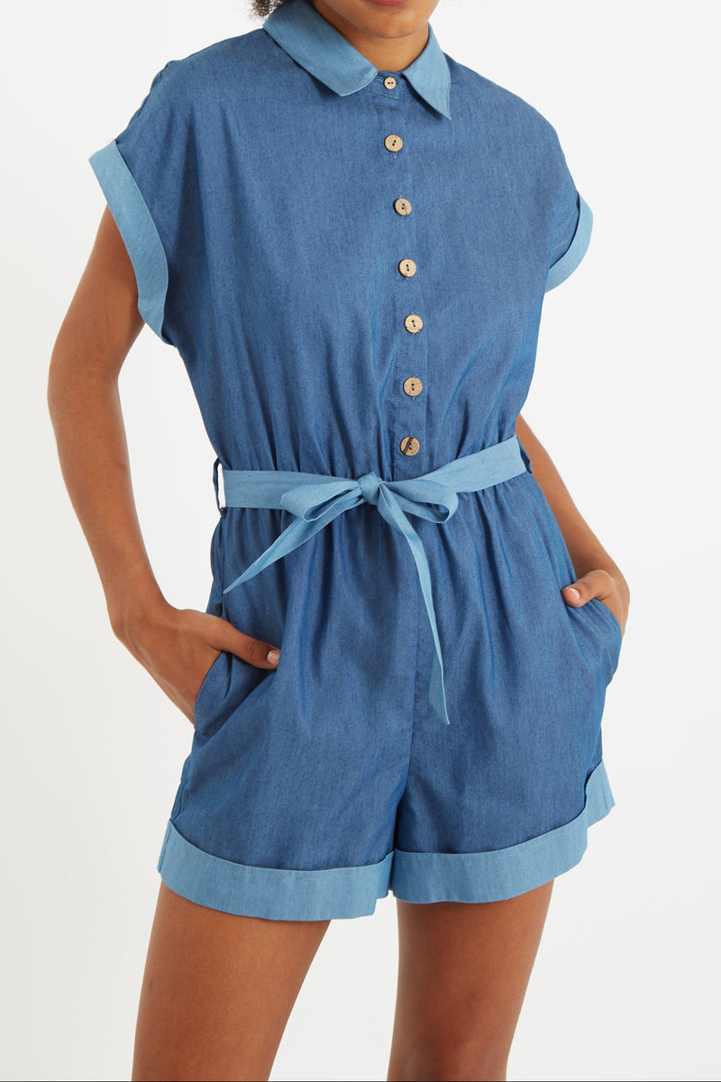 Addie Double Denim Playsuit - Front