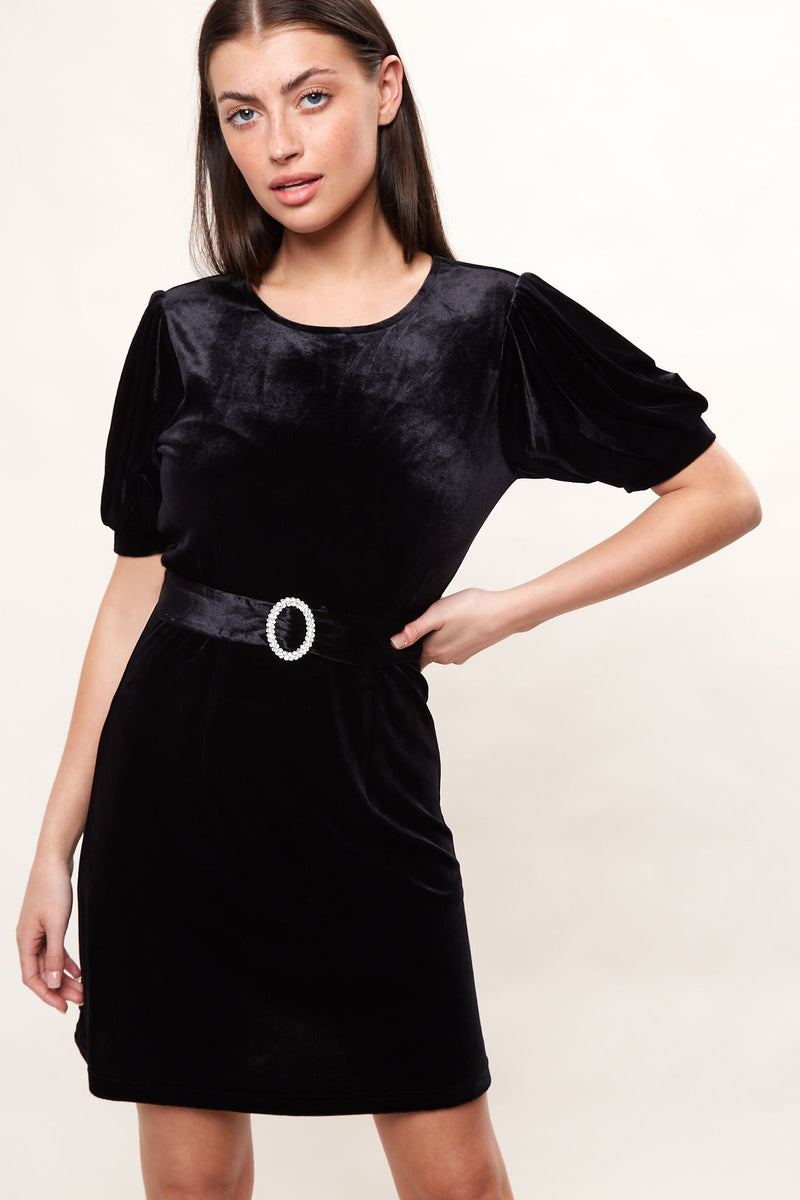 Louche Alya Velvet Diamante Buckle Mini Dress - Black - Front