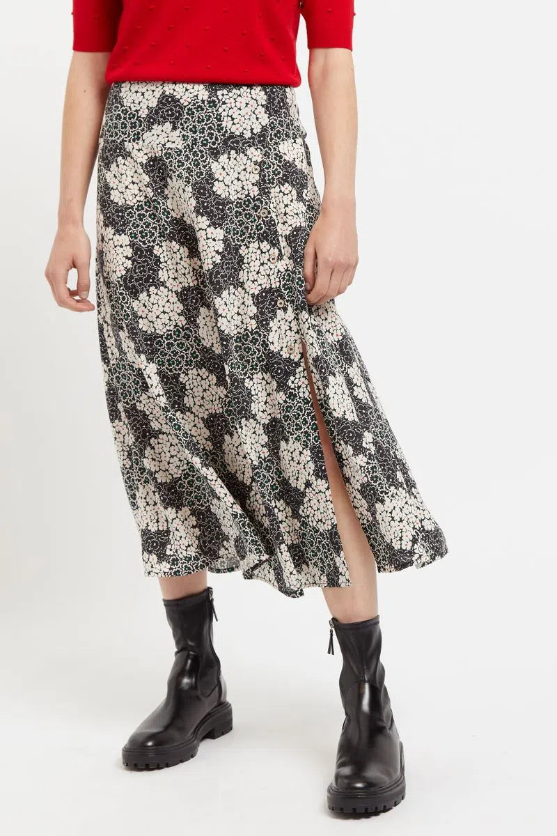 Louche Barney Flower Patch Print Midi Skirt in Black & White - Front