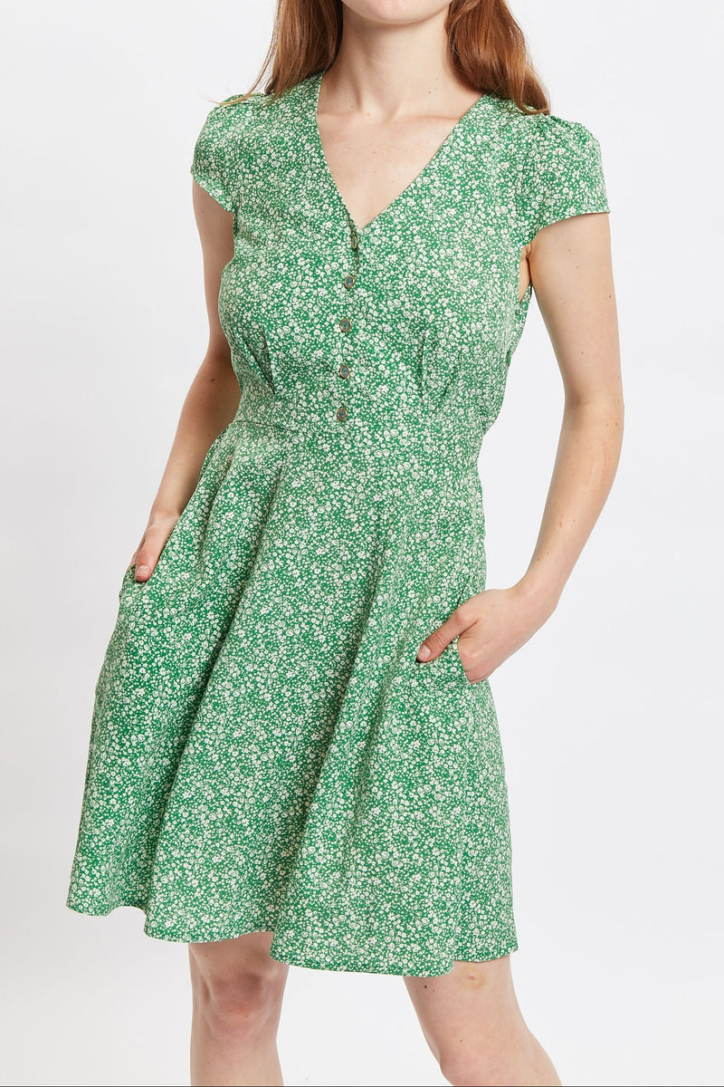 Louche Cathleen Micro Flower Print Mini Tea Dress - Green - Front