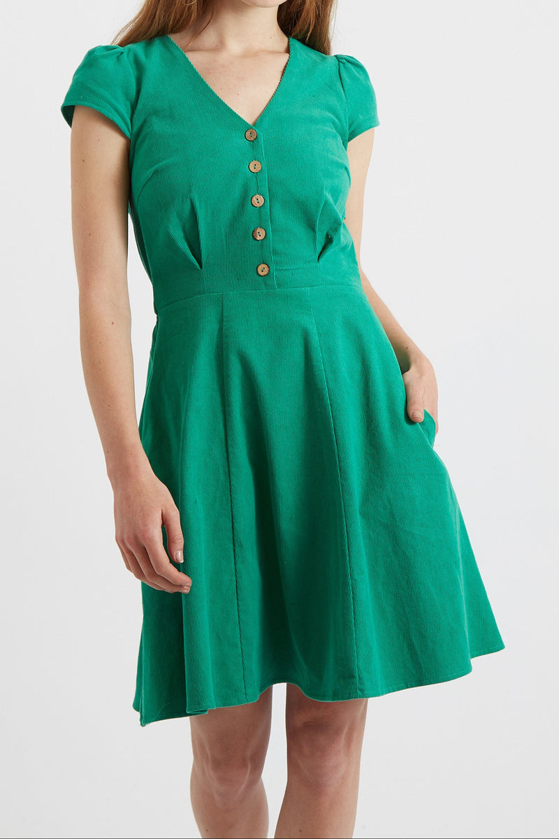 Louche Cathleen Green Mini Baby Cord Tea Dress - Front