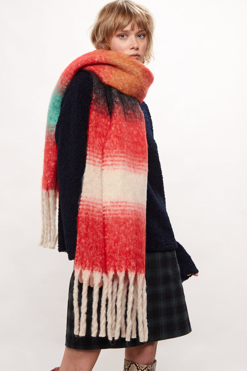 Louche Ciara Cosy Fluffy Striped Tassel Scarf - Red - Front