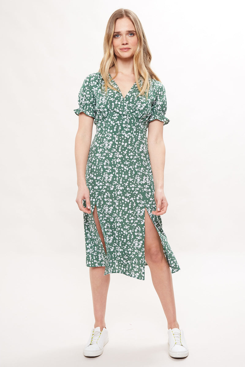 Corina Flower Dot Print Midi Tea Dress - Green - Front