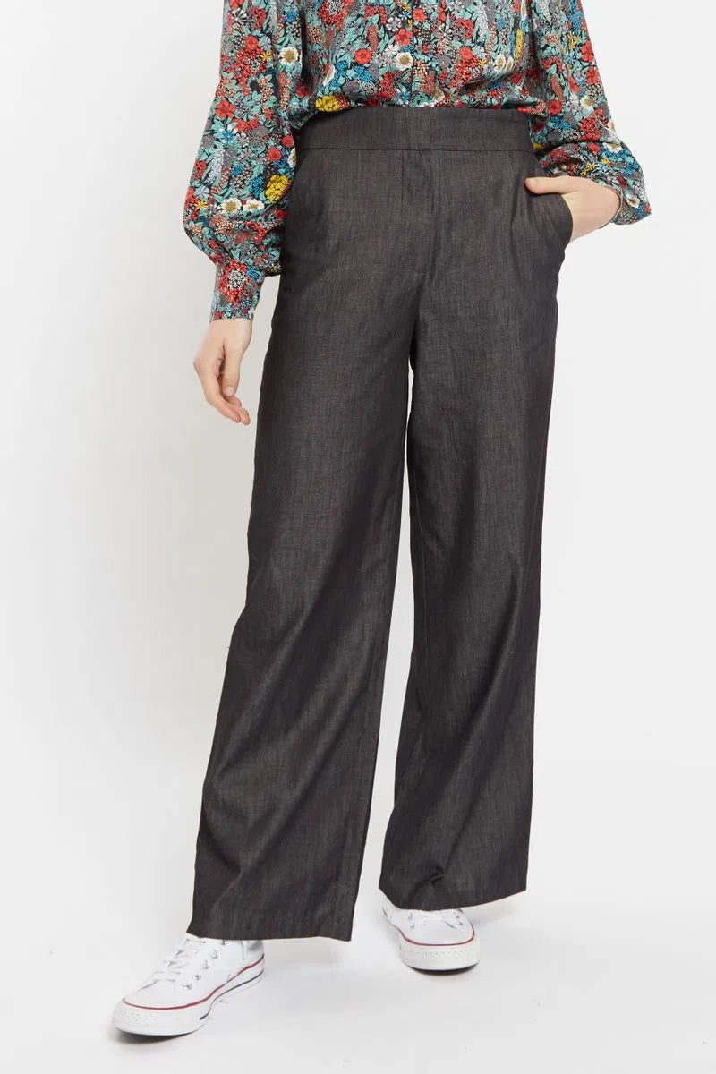 Louche Elina Chambray Straight Cut Trouser In Black - Front