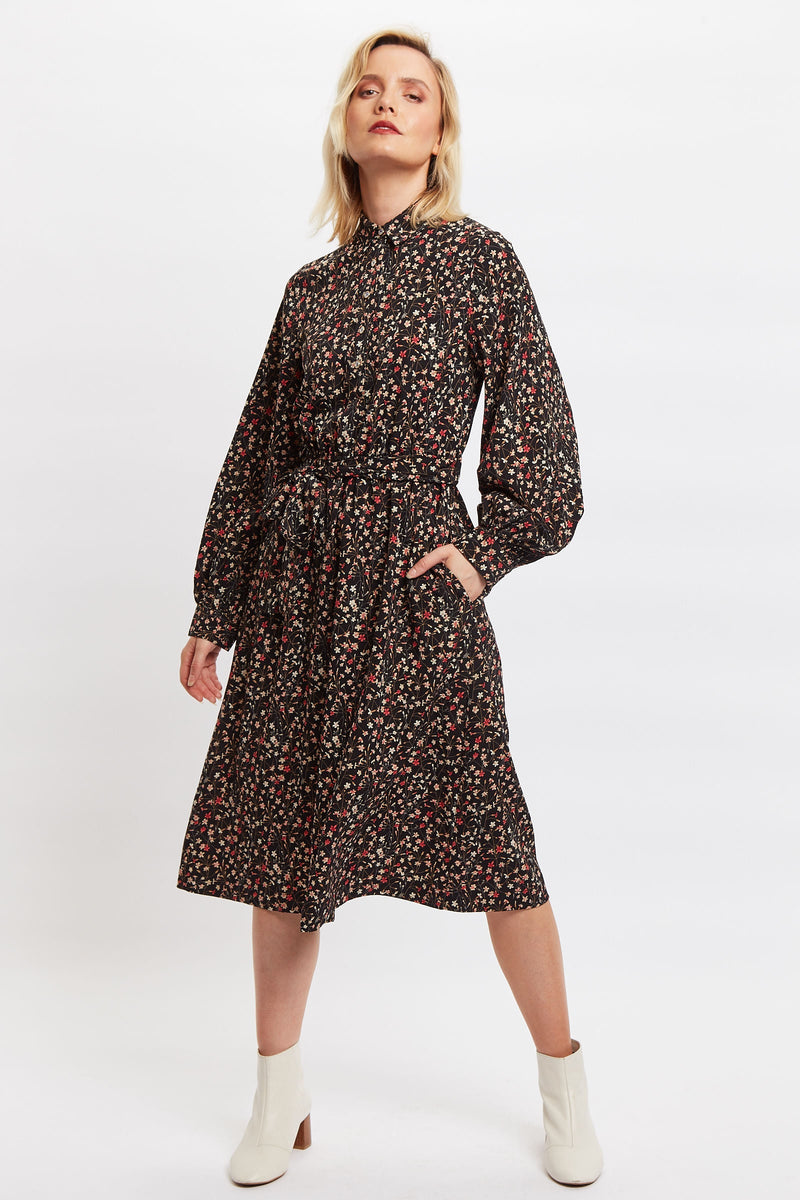 Louche Leonie Wax Flower Long Sleeve Midi Shirtdress - Front