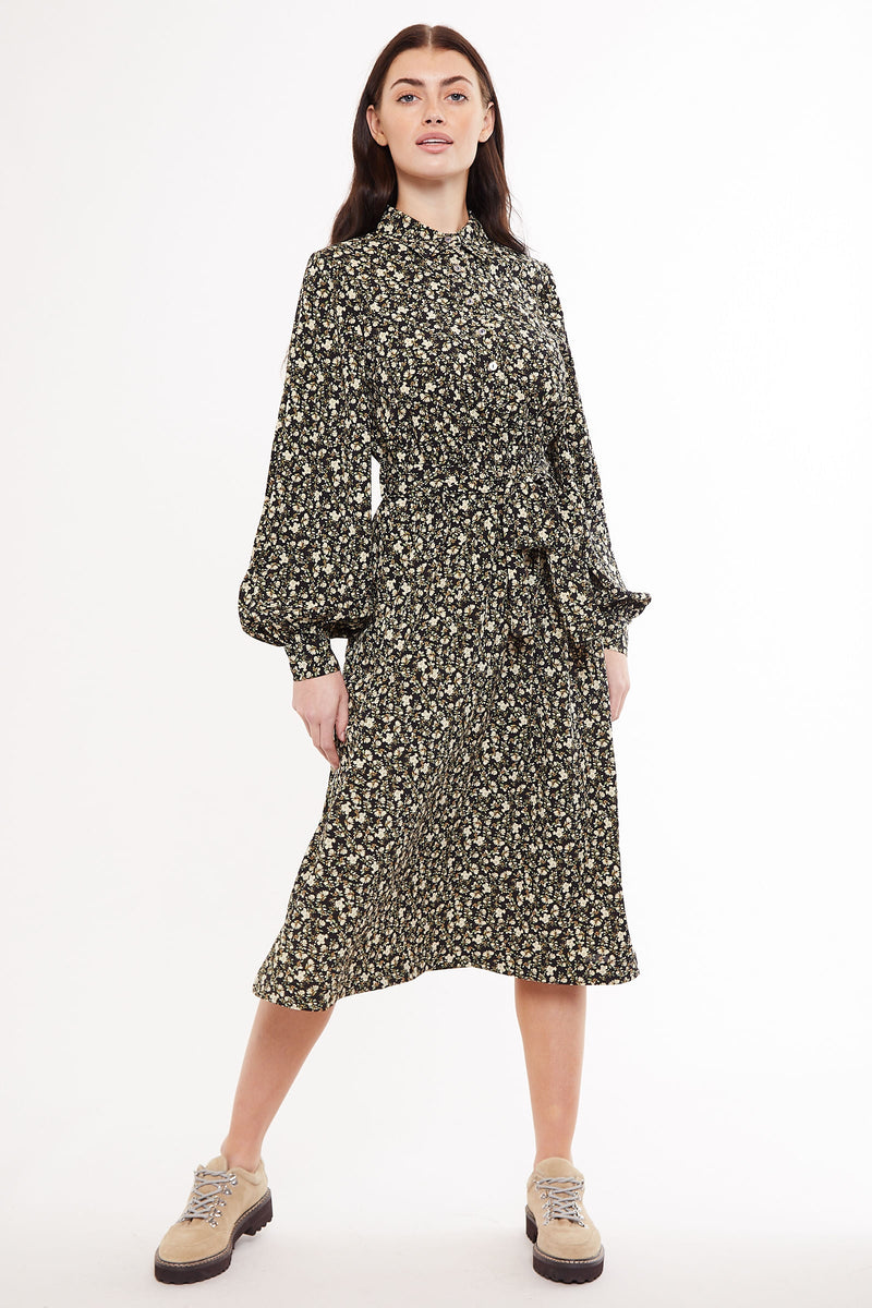 Leonie Winter Garden Print Long Sleeved Midi Shirt Dress - Front