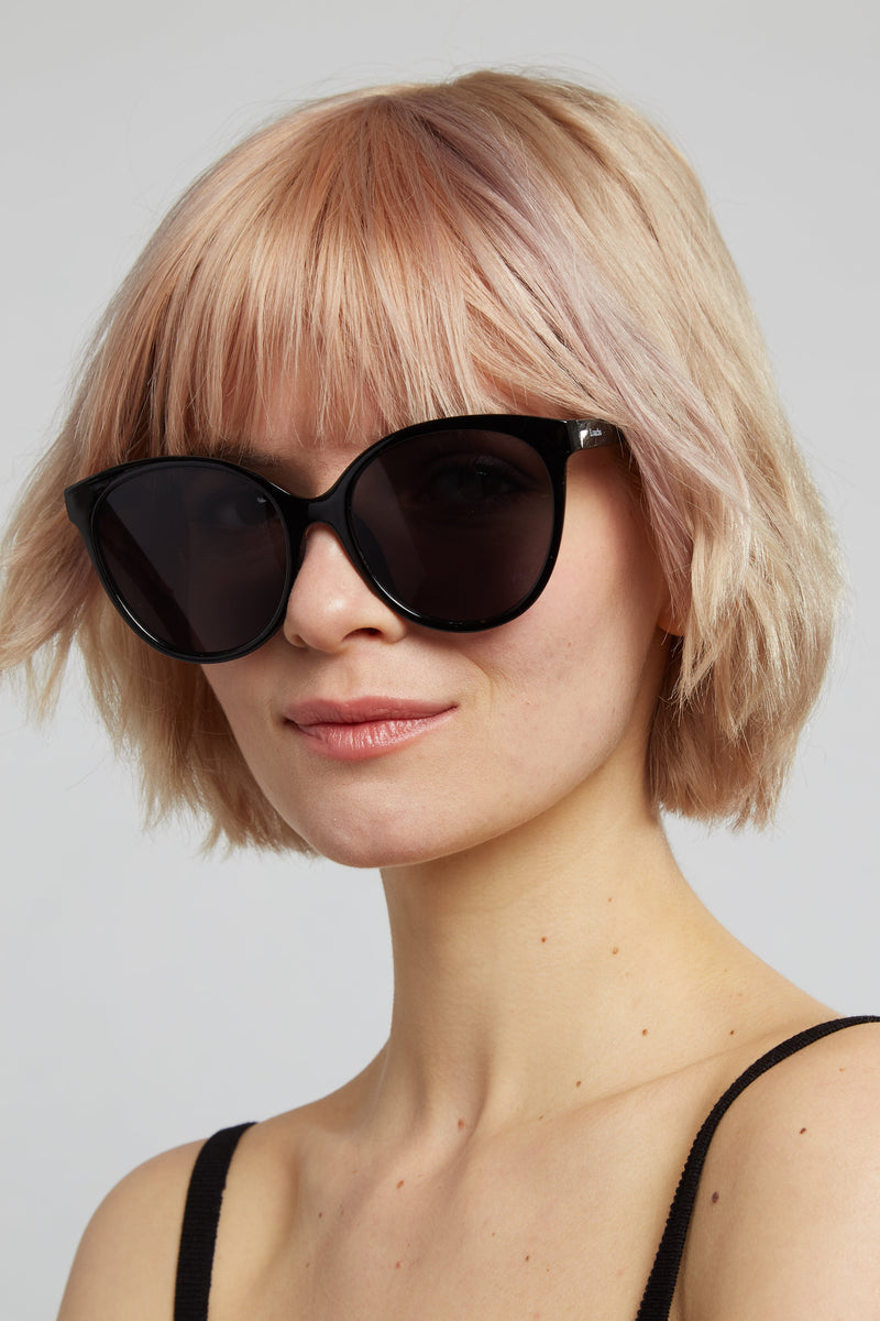 Louche Lilly Round Cat Eye Sunglasses - Black - Front