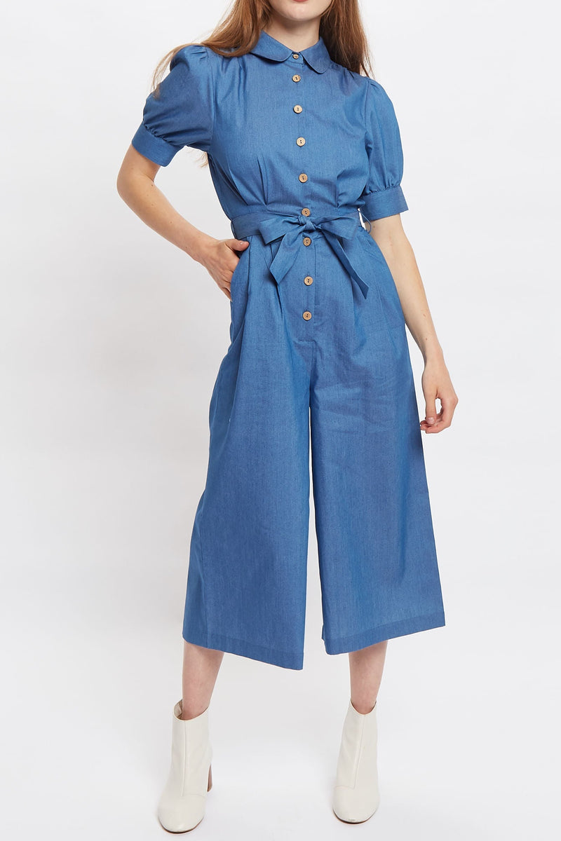 Louche Magda Chambray Short Sleeve Cropped Jumpsuit - Front