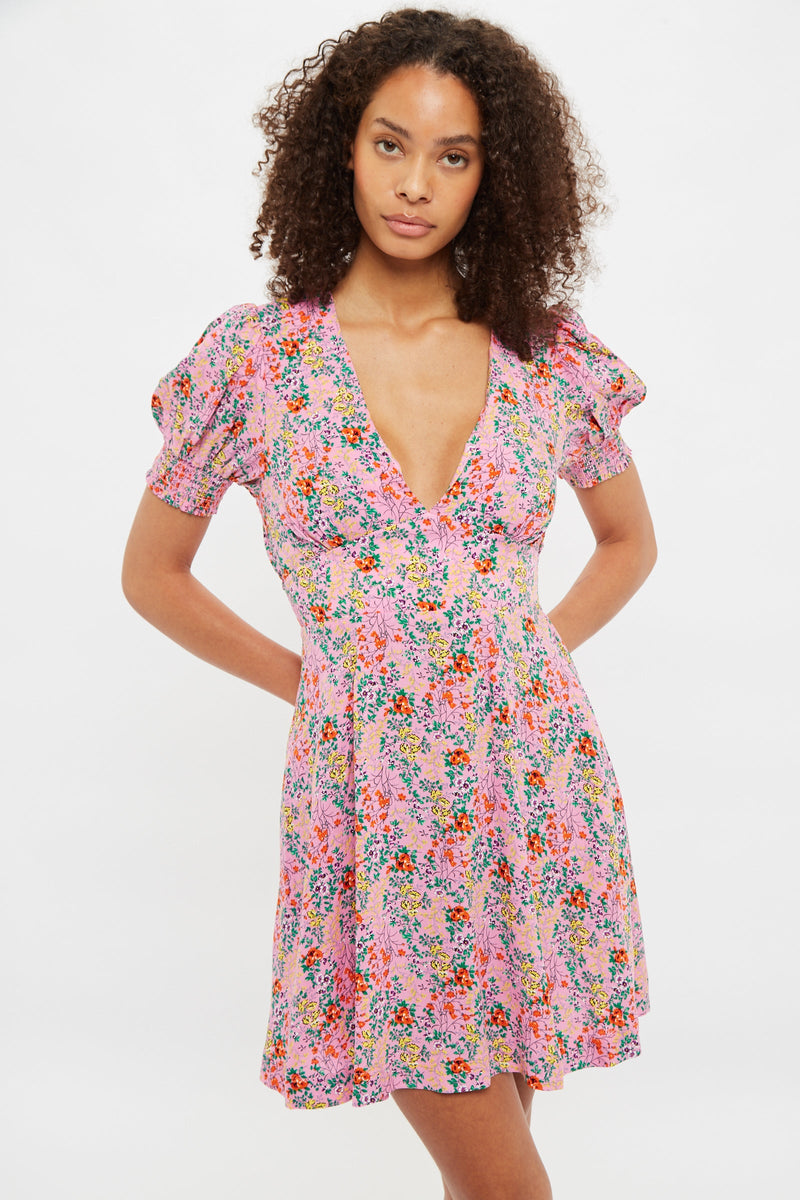 Louche Merle Flower Show Print V Neck Short Sleeve Tea Dress Pink - Front