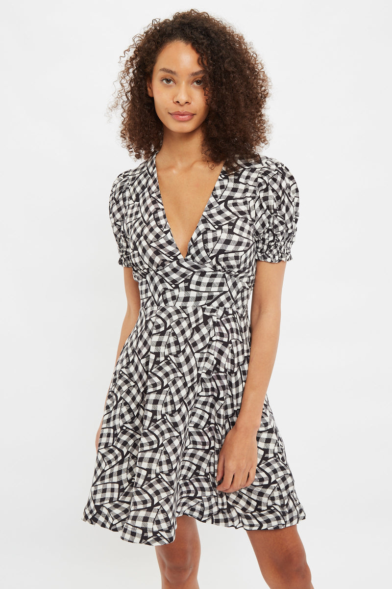 Louche Merle Gingham Twist Print V Neck Mini Tea Dress - Front