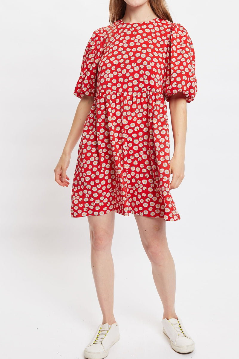 Louche Nacera Daisy Dancer Print Statement Sleeve Mini Dress - Red - Front