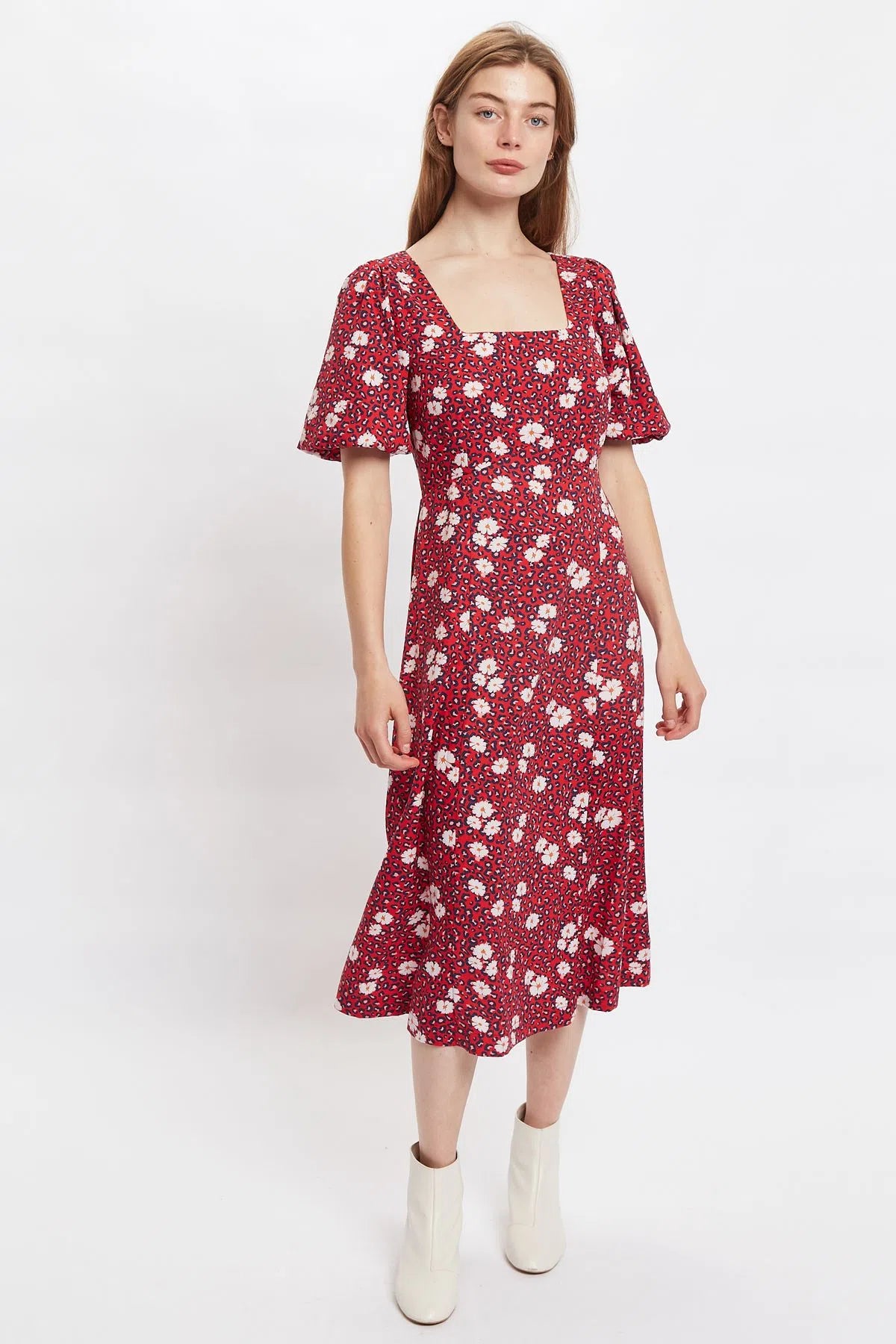 Louche Nadine Roaring Daisy Print Square Neck Balloon Sleeve Midi Dres