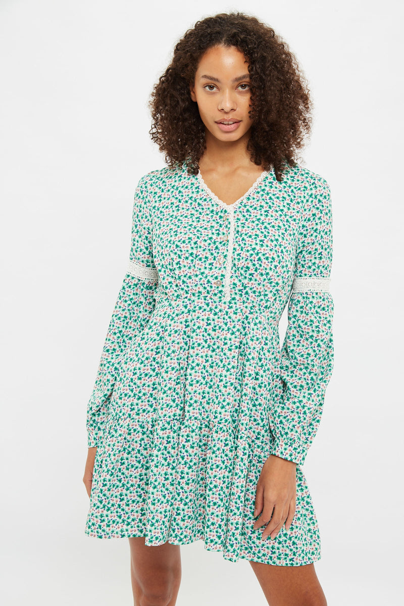 Louche Noomi Mint Blossom Print V Neck Long Sleeve Mini Dress - Front