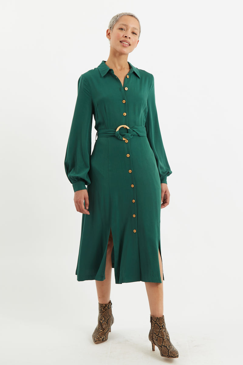Rebecka Twill Long Sleeve Midi Dress - Front