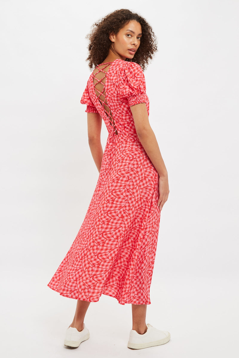 Louche Romola Gingham Twist Print Laced Back Short Sleeve Midi Dress - Front