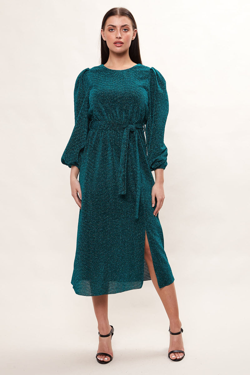 Louche Roza Lurex Jersey V Back Midi Dress - Petrol - Front
