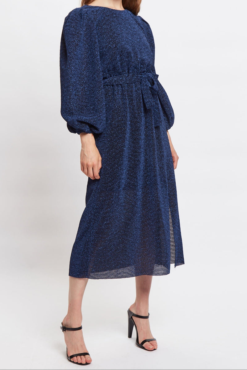 Louche Roza Lurex Jersey V Back Midi Dress - Navy - Front