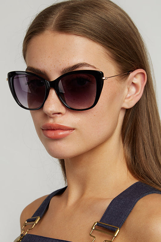 Louche Sam Cat Eye Sunglasses Metal Sides Black - Front