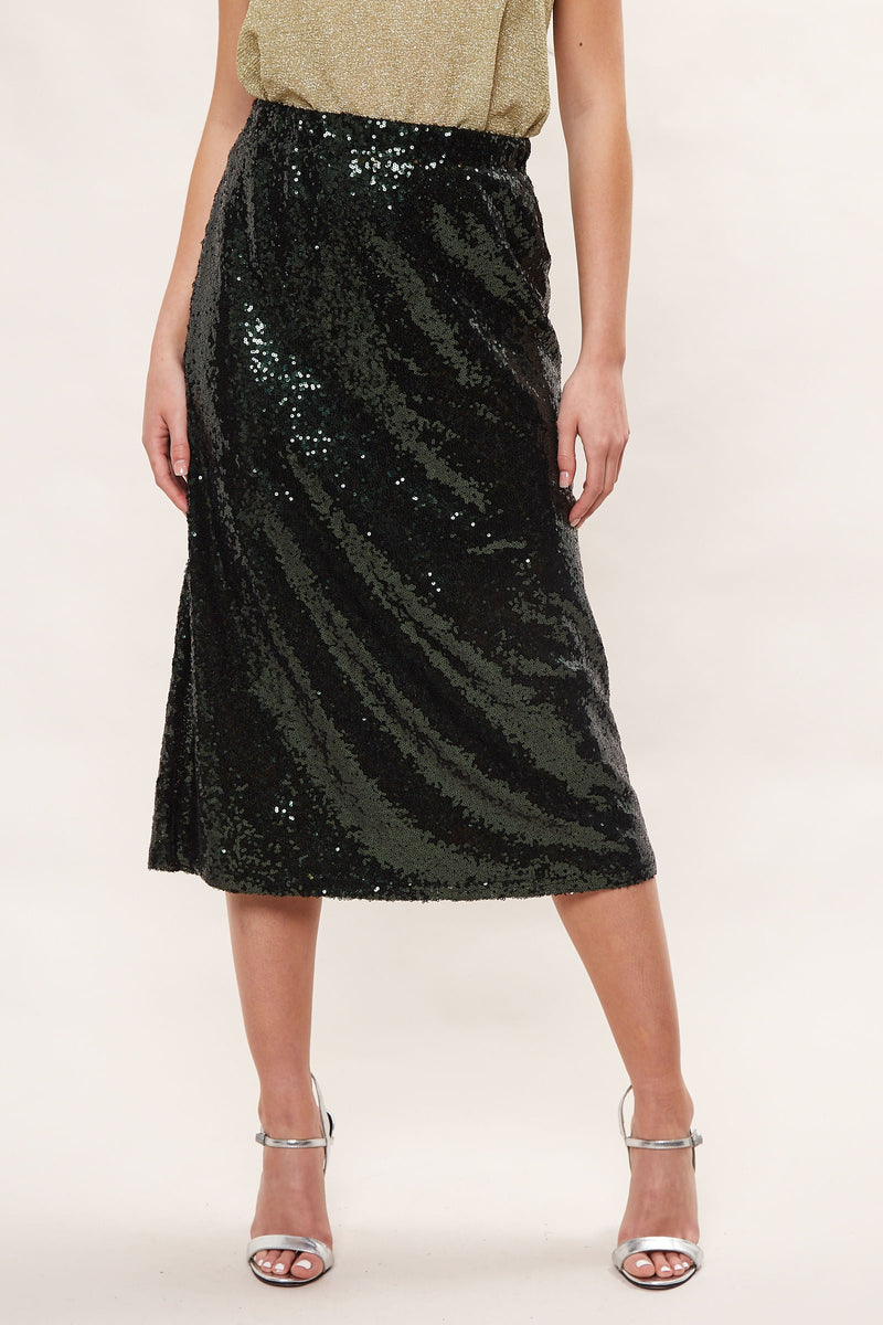 Louche Saro Sequin Midi Skirt - Green - Front