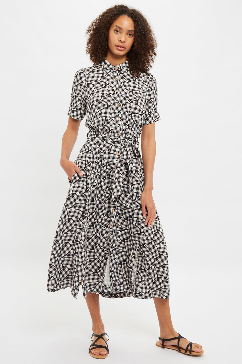 Louche Shauna Gingham Twist Print Short Sleeve Shirtdress - Front