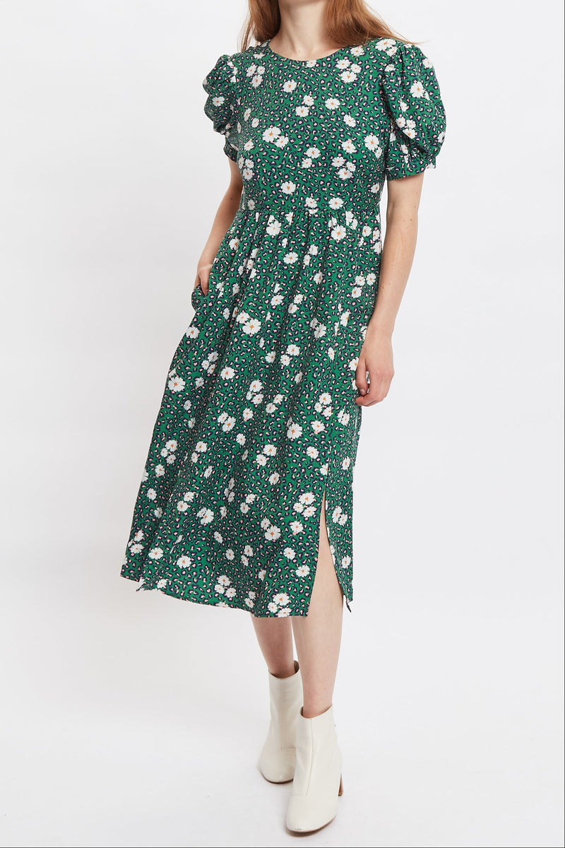 Louche Stasia Roaring Daisy Print V Back Puff Sleeve Midi Dress - Green - Front