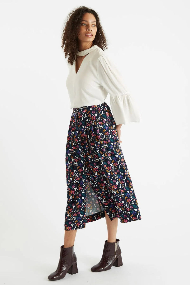 Louche Bia White Rabbit Print Button Through Midi Skirt - Front